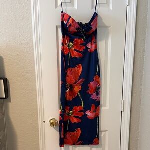 JLUXLABEL Navy Midi Slip Dress with Red Floral Print